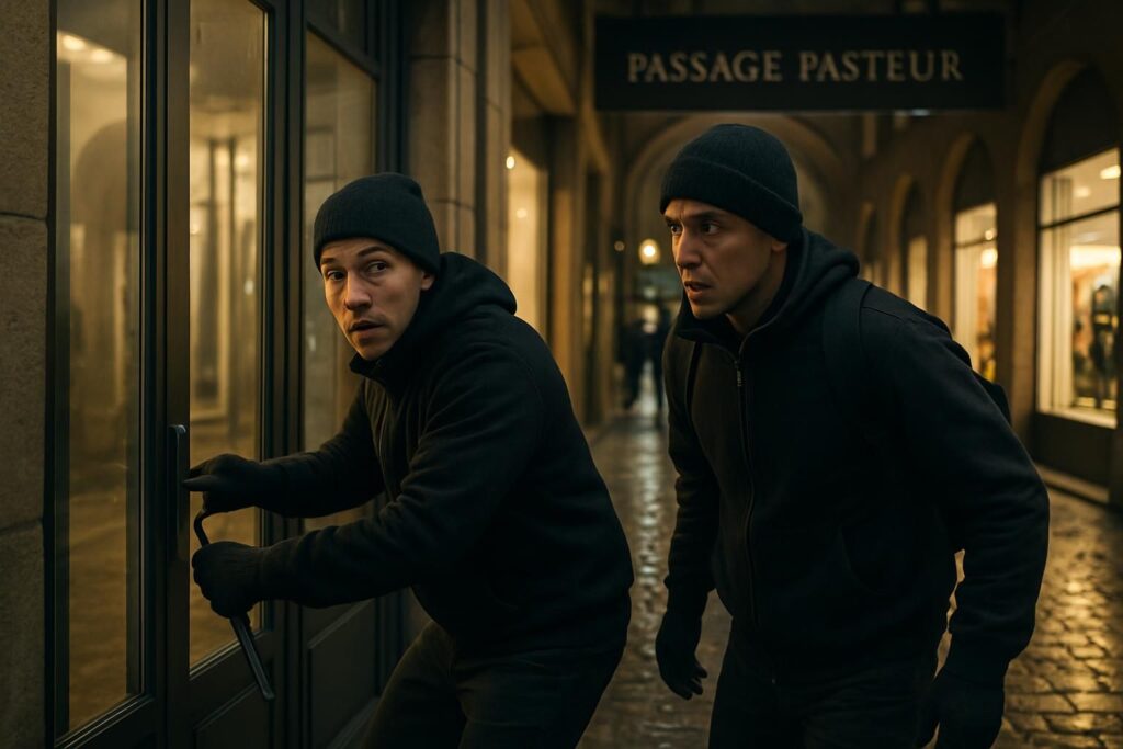 à besançon, deux cambrioleurs ont été surpris en flagrant délit aux passages pasteur, saisissant les autorités sur le fait.